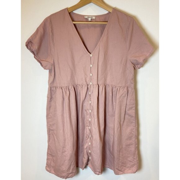 Madewell Linen Blend Alexandra Button Front Dress Pockets Blush Pink Large L - Picture 1 of 4